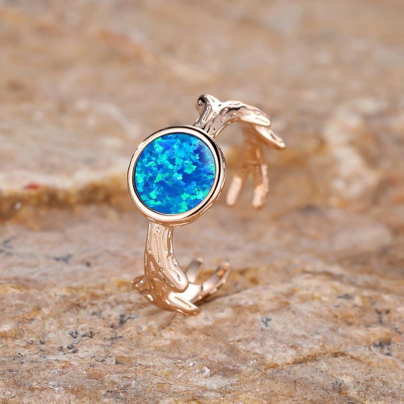 White gold rimmed opal round opal branch open ring no. 6