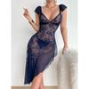Sheer Sexy Pure Desire Strap Long Dress Nightgown Ruched Mesh Bowknot Slit Nightdress Transparent Flower Print Dress Charm RSOA