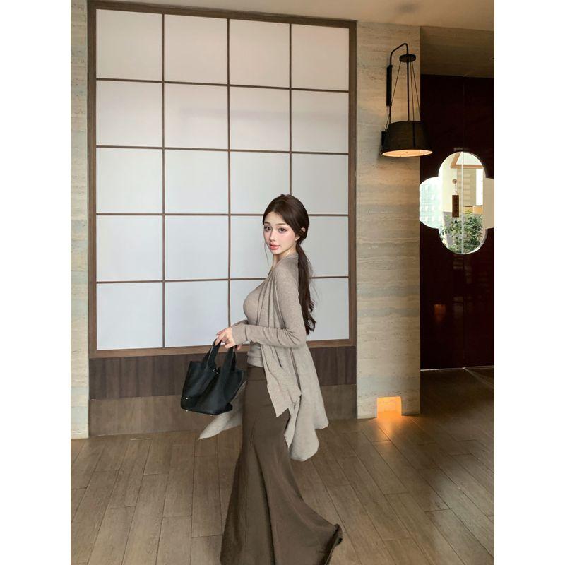 Kumikumi Idle Style Thin Knit cardigan Inner wear Vest Women Autumn Slimming Skirt Long dress Three-Piece Set