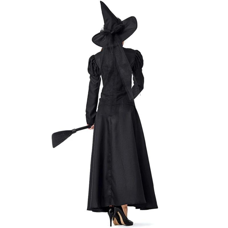 Halloween Wizard Cosplay Costume Kids Adult Halloween Women Deluxe Wicked Witch Costume Black Full Length Dress