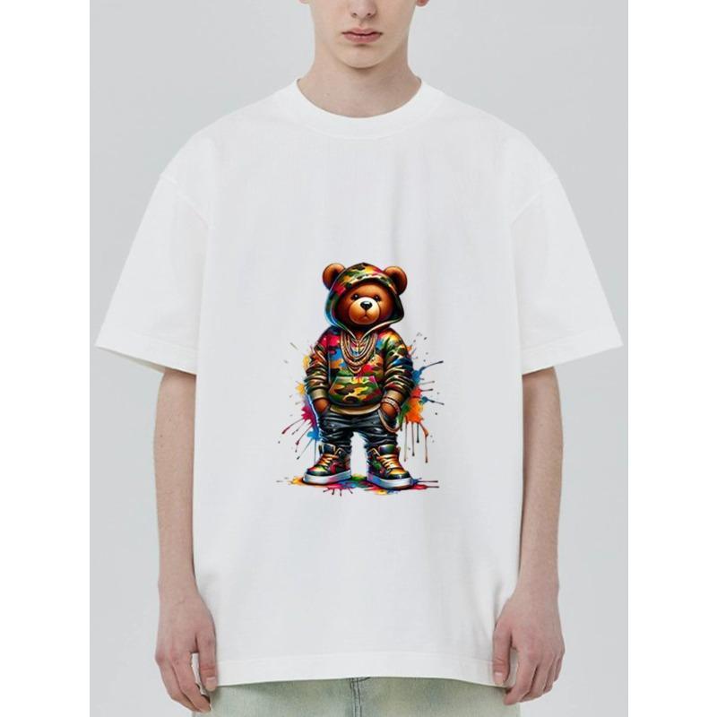 Crewneck T Shirt Black Colorful Bear Graffiti Print Streetwear Fashion Casual Wear for Men and Women