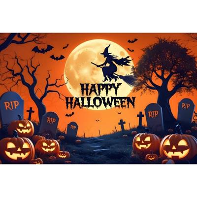 1 Stück Orange Happy Halloween Party Hintergrund mit Mond Kürbis Fledermäuse Hexe Staubdichtes Banner für Halloween Themenparty Dekoration