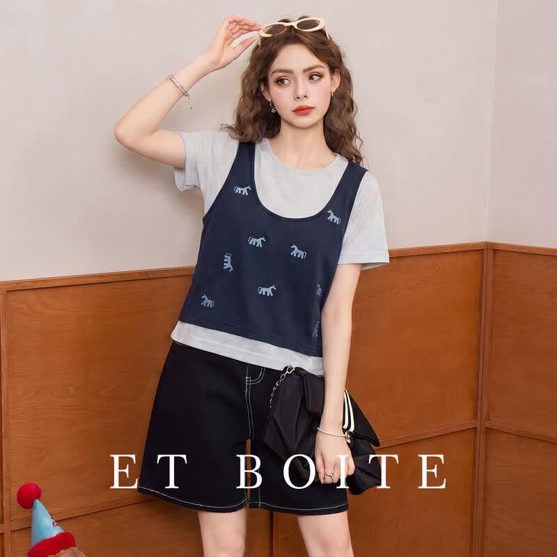 ET BOITE Academy Style Color-Block Faux Two-Piece T-Shirt L