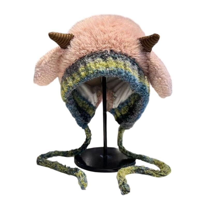 Plush Horn Knitted Hat With Soft Pompoms For Women Men Kids Winter Outdoor Activity Multiple Colors