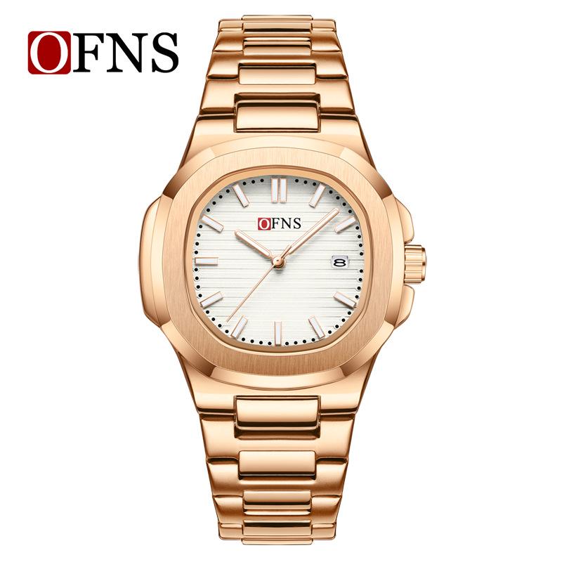 OFNS Youth Night Glow Steel Band Unisex Square Calendar Waterproof Quartz Watch