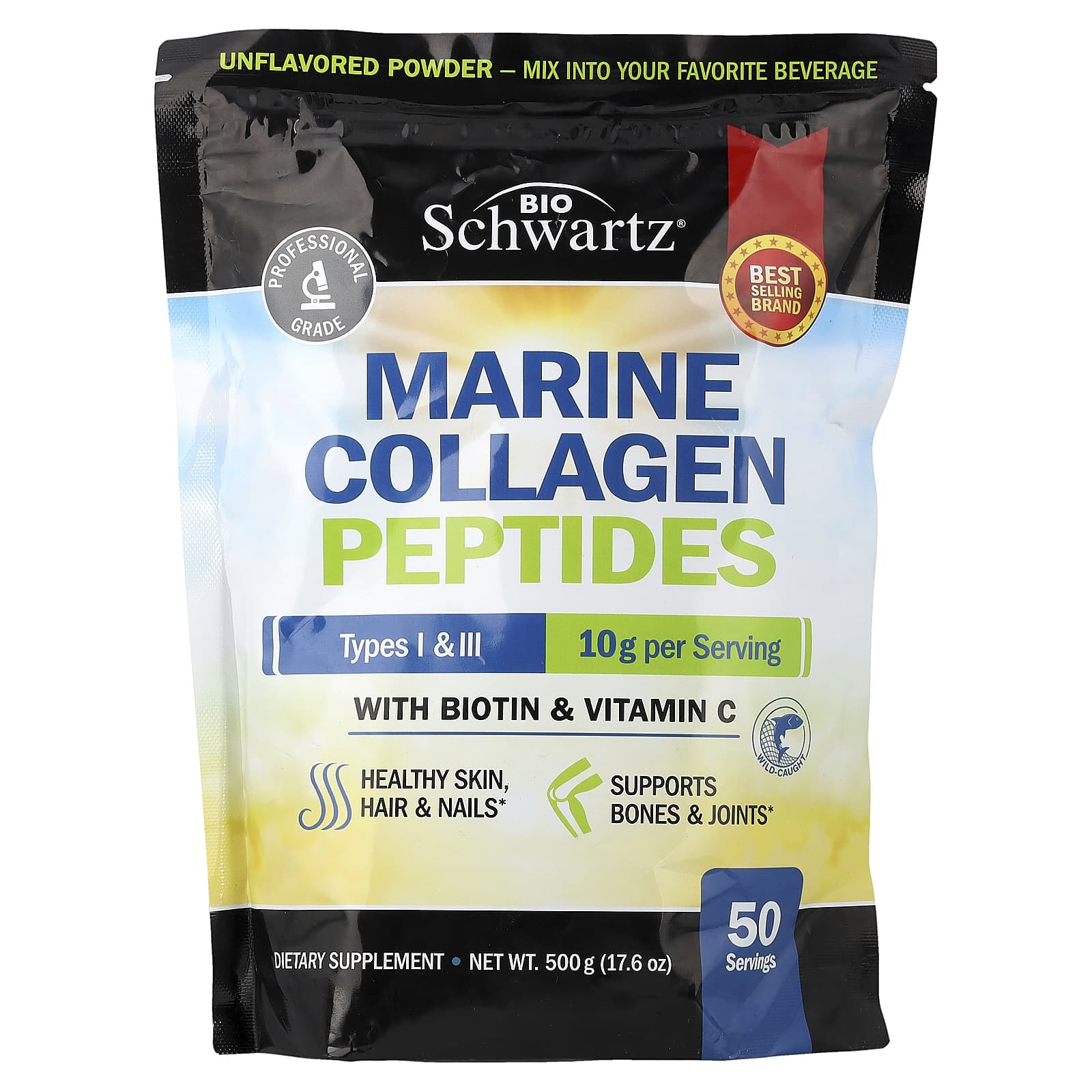 

BioSchwartz, Marine Collagen Peptide Powder, Types I and III, with Biotin and Vitamin C, Unflavored, 500 g (17.6 oz)