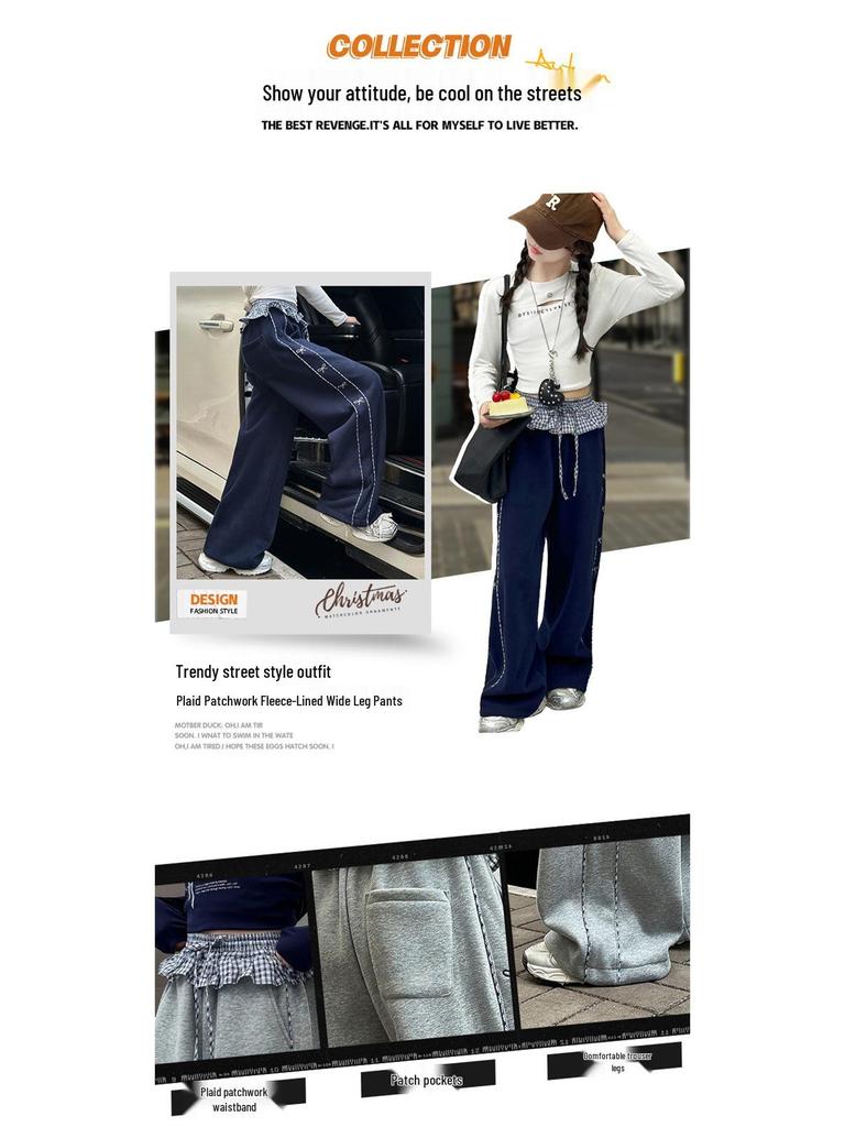 Girls' Fleece-Lined Wide-Leg Pants: Fashionable Autumn/Winter Children's Wear