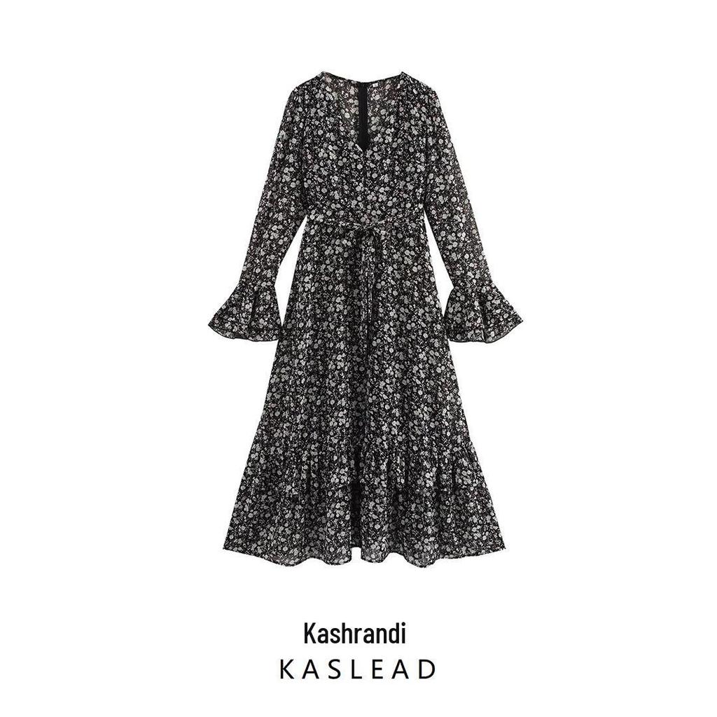 Spring 2025 Women's European & American Style V-Neck Chiffon Floral Waist-Hugging Long Dress