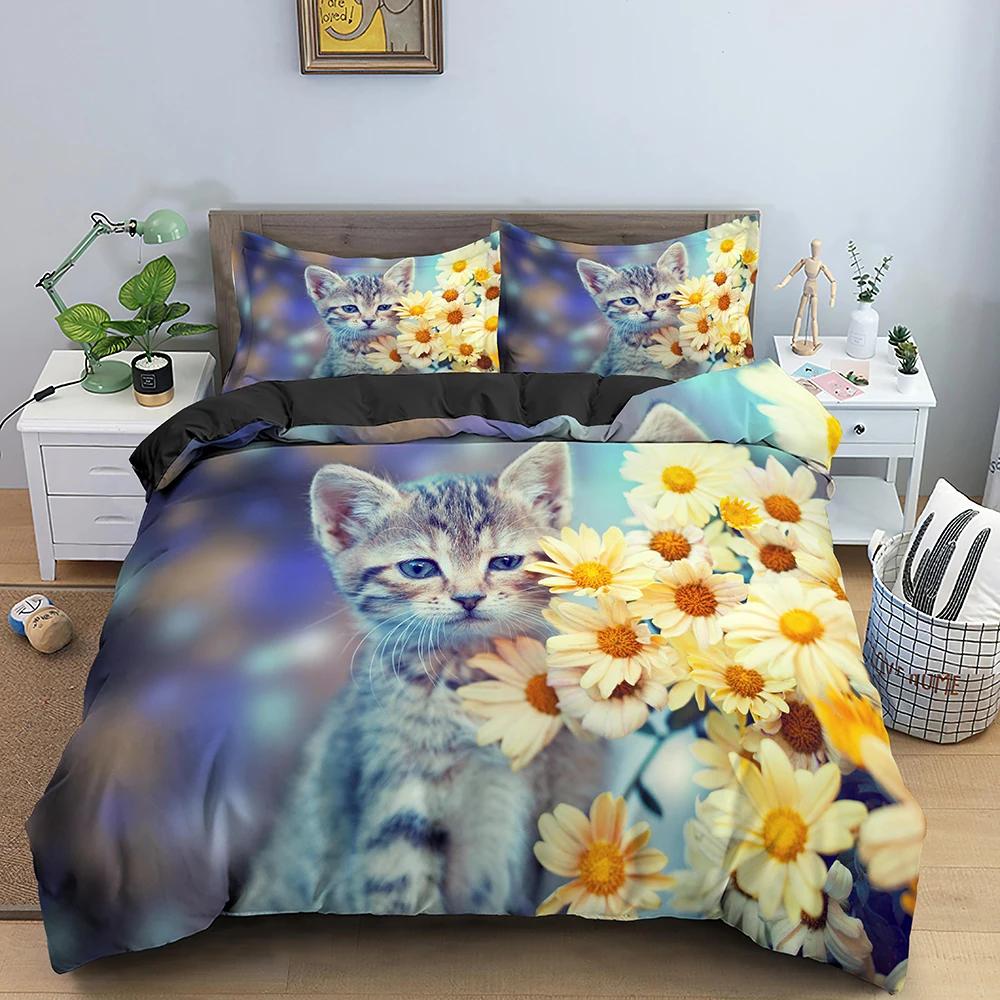 3D zvířecí vzor Sada povlaků na přikrývku Sada povlečení se vzorem roztomilé kočky Polyesterový povlak na přikrývku King Twin Single Size Domácí Textilní Kotě