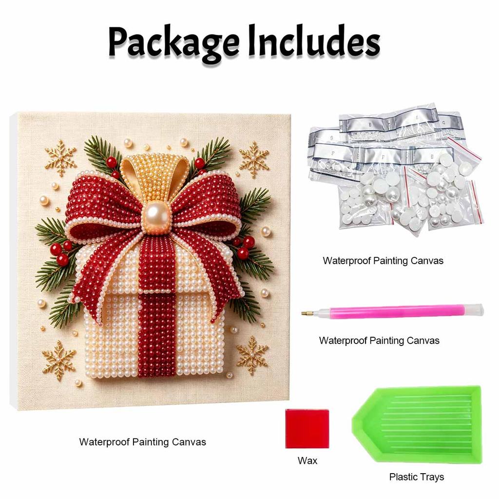 Premium Framed Pearl Art Kit with Christmas Gift Bow 5D Sparkling Bead Canvas DIY Relaxing Craft for Home Wall Decor Gift