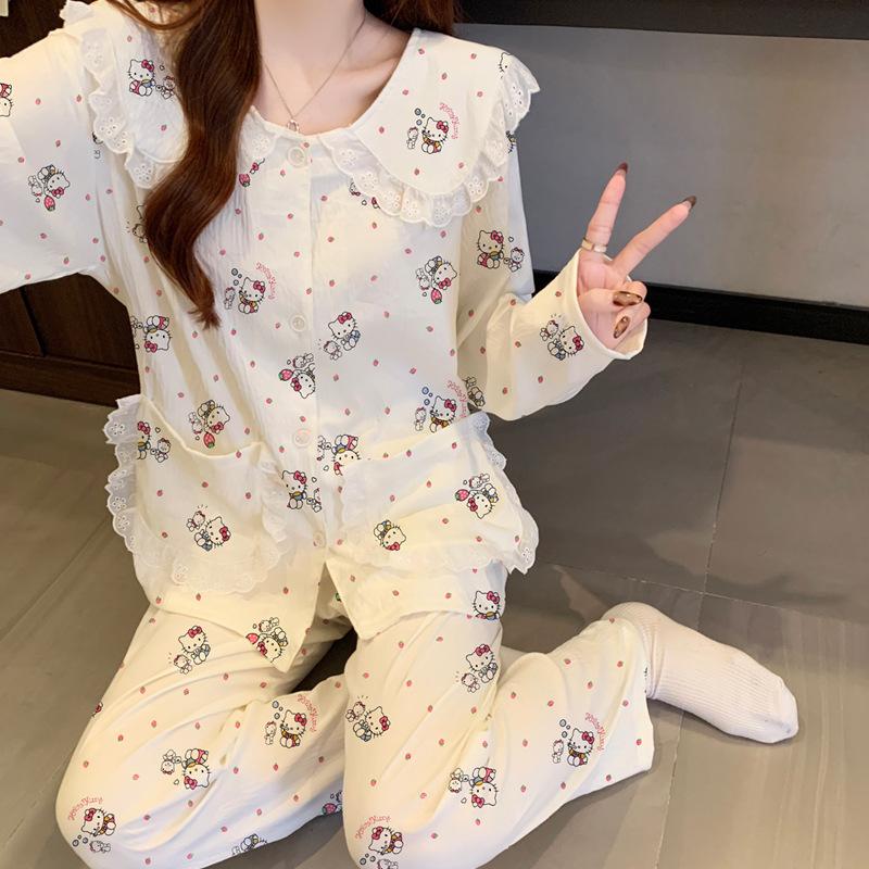 Cartoon Polka Dot Doll Collar Cloud Cotton Sweet Pajamas Ladies Loungewear Long Sleeve Set