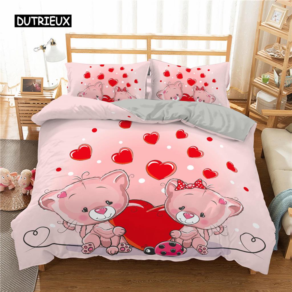 Home Textile Cartoons Cute Cat Quilt Cover Duvet Cover Pillow Case Boy Girl 2/3Pcs Polyester Bedding Set King Queen Twin Size