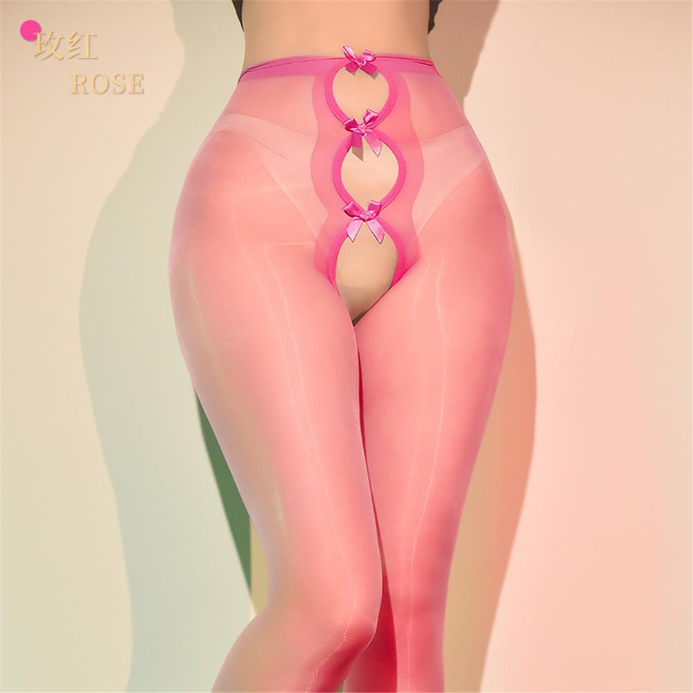 Sexy Women 3D Thin Oil Shiny Glossy Pantyhose Bow Hollow Out Tights Exotic Open Crotch Allure Vintage Maid Pantyhose Shaper