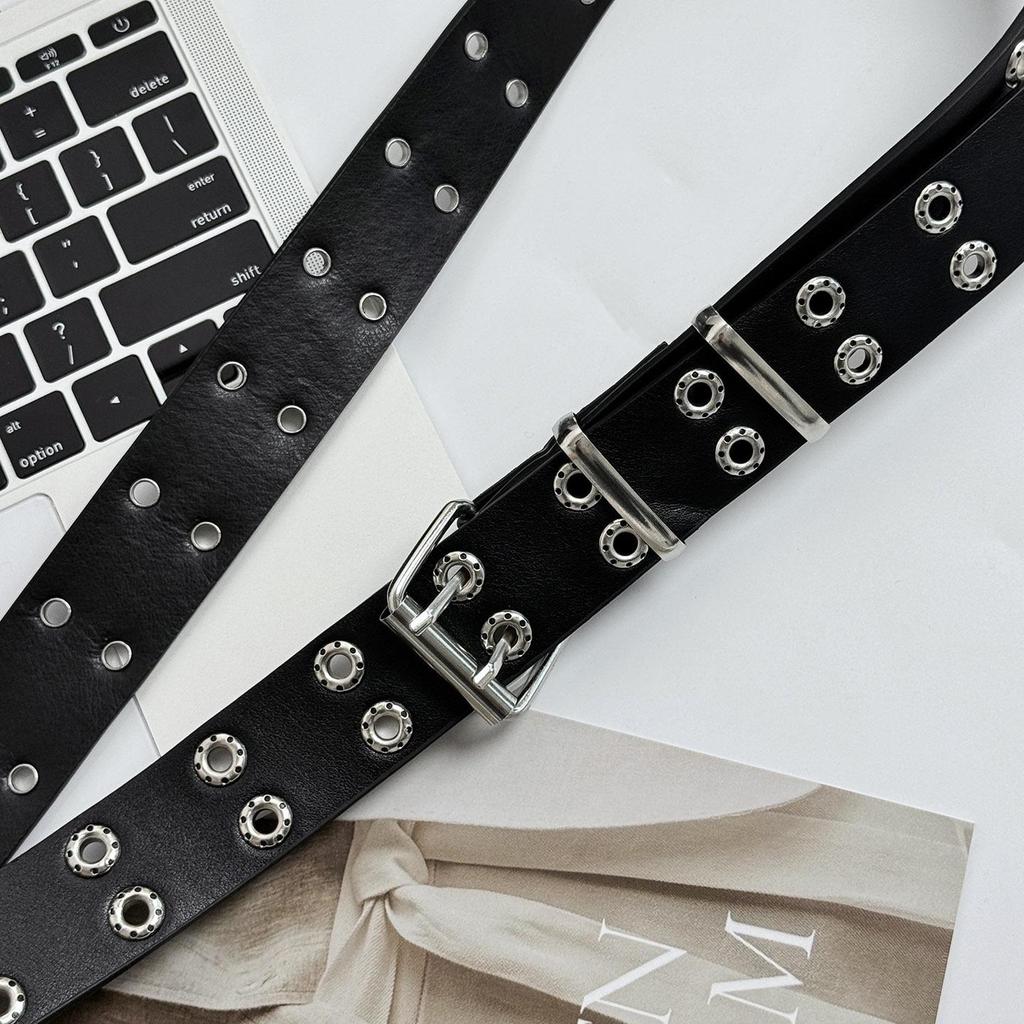 Y2K Punk Black Leather Belt for Women - Cutout Rivet, Double Row Buckle, Full Hole Design