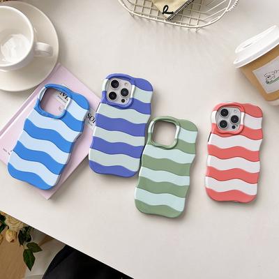 Cute Glossy Wave Pattern Hit Color Stripe Phone Case for iPhone 16 15 17 13 Pro Max Shockproof Protective Wave Edges Back Cover