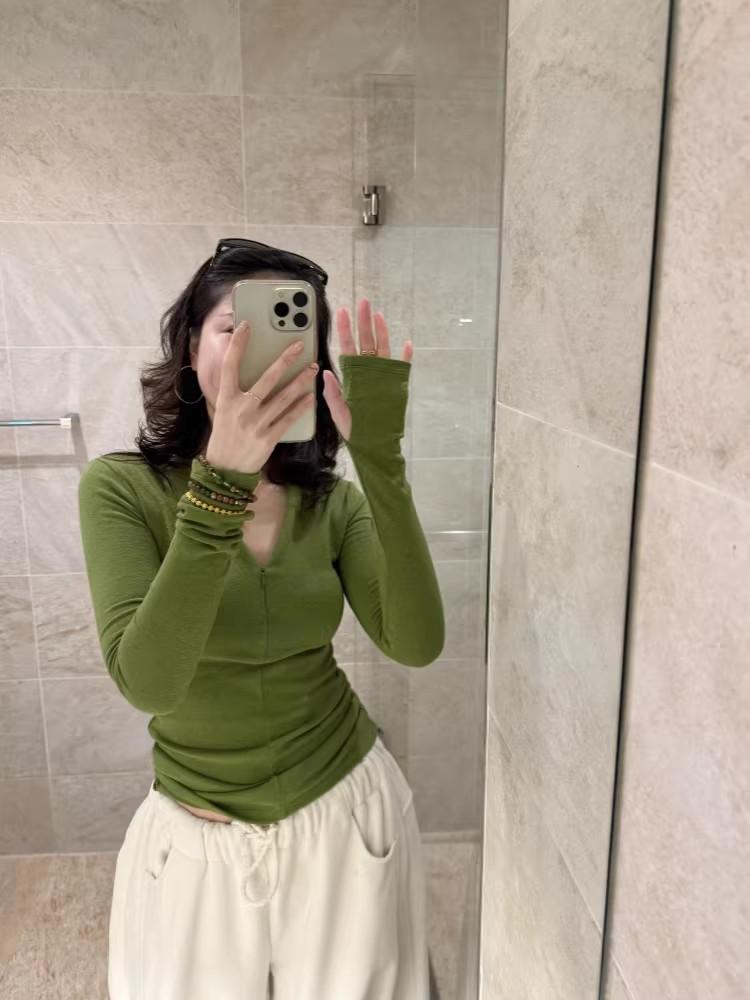 Women's Chic Invisible Half-Zip Long-Sleeve T-Shirt, Green, Thickened for Autumn/Winter.