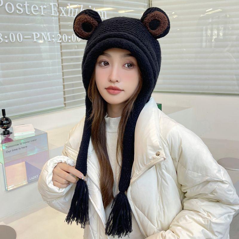 Froschmütze, Damen Strickmütze Winterwärme Quaste Winter Ohrenschutz Zehenkappe Grüne Wollmütze