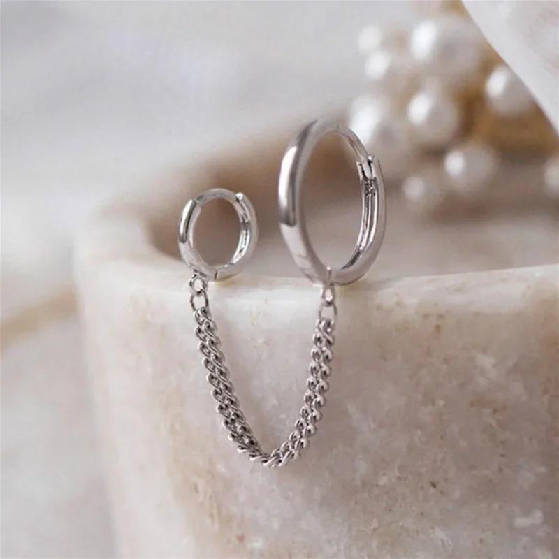 1PC Women's Fashion Double Ear Hole Piercing Hoop Earrings Smooth Simple Hoops Chain Connected Shiny Charming Earring Jewelry