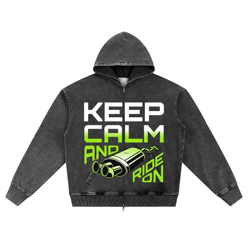 

DTG print Knitted Denim Zip-Up Hoodie Keep Calm And Ride On Brother Print Zipper Hoodies S