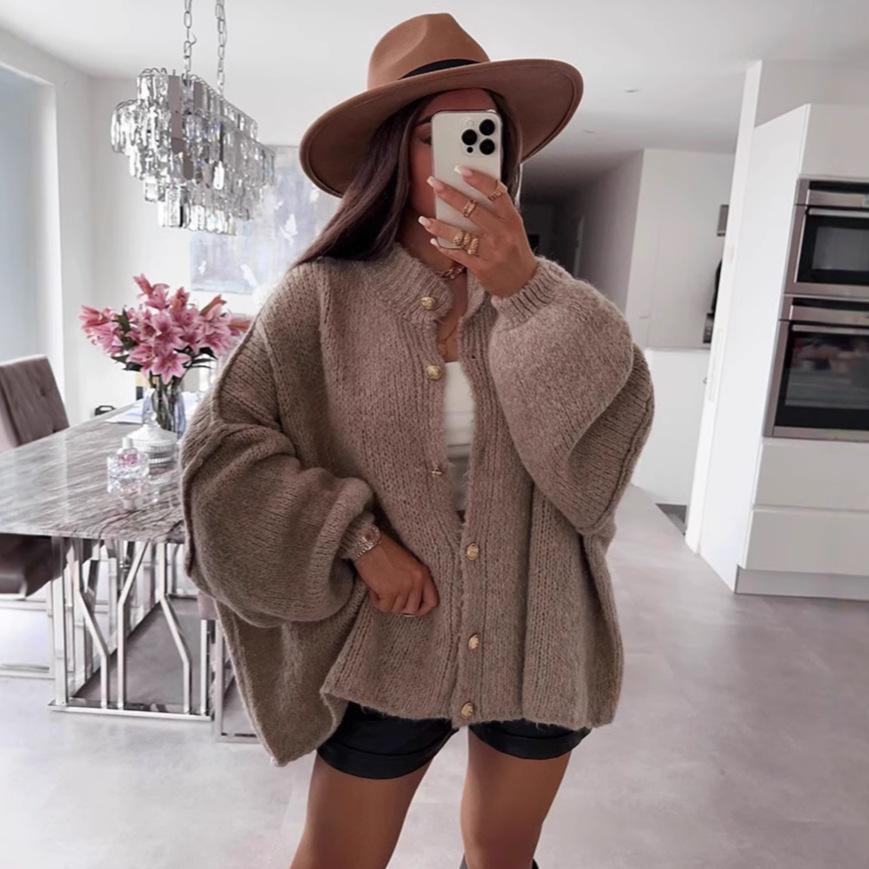 Cardigans Femininos Outono Manga Longa Tricô Botão Abertura Frontal Casaco Casual Outerwear Cardigans Grossos Femininos Gola Redonda Cardigans Suéteres