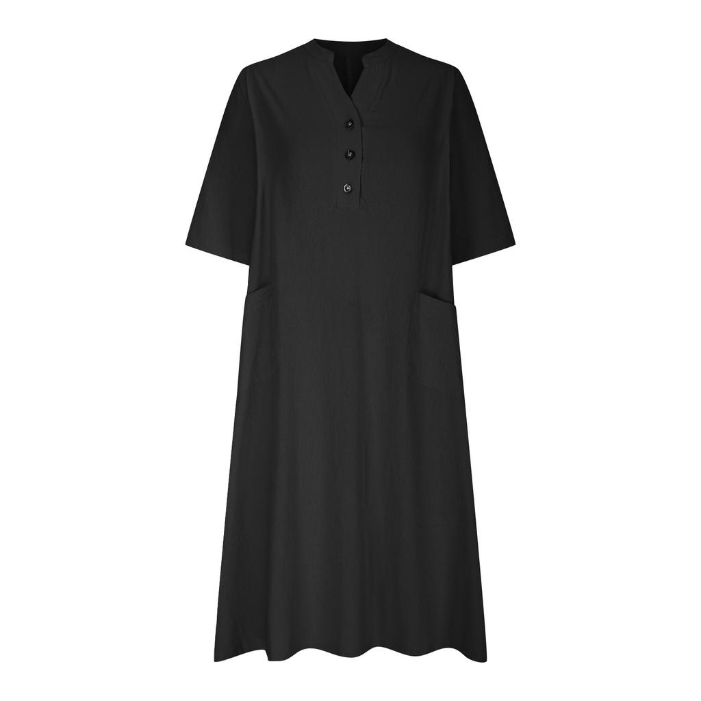 V Neck 3/4 Sleeve Linen Cotton Midi Dress 3 Front Buttons Loose A Line Dress With Dual Side Pockets Breathable Casual Spring Oversized Flowy Sundress