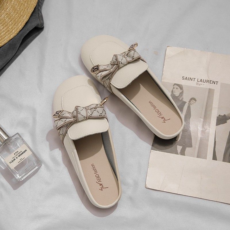 Half slippers women's one-pedal low-heeled summer wear new flat-bottomed bow non-slip lazy Muller French cool slippers