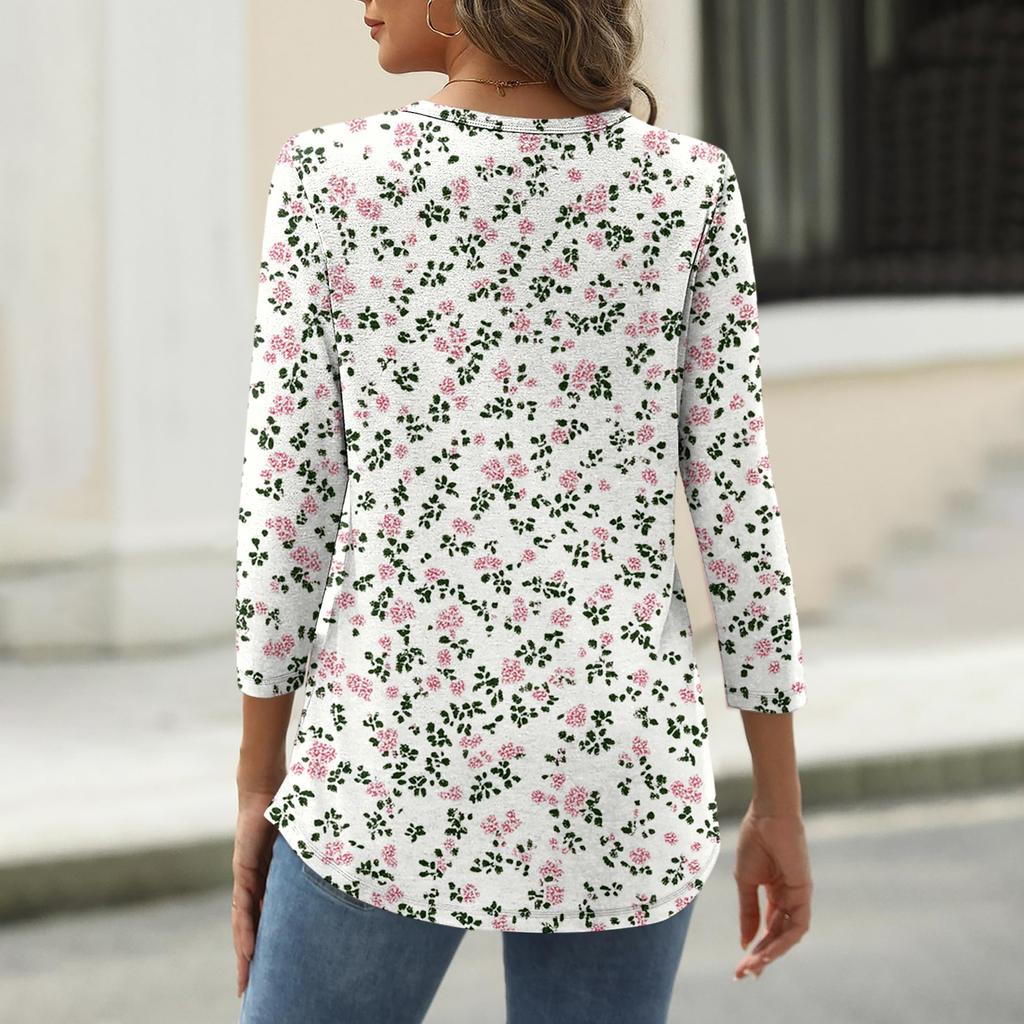 Women's T Shirt Tee Print Button 3/4 Sleeve Daily Weekend Fashion Basic V Neck Regular Top