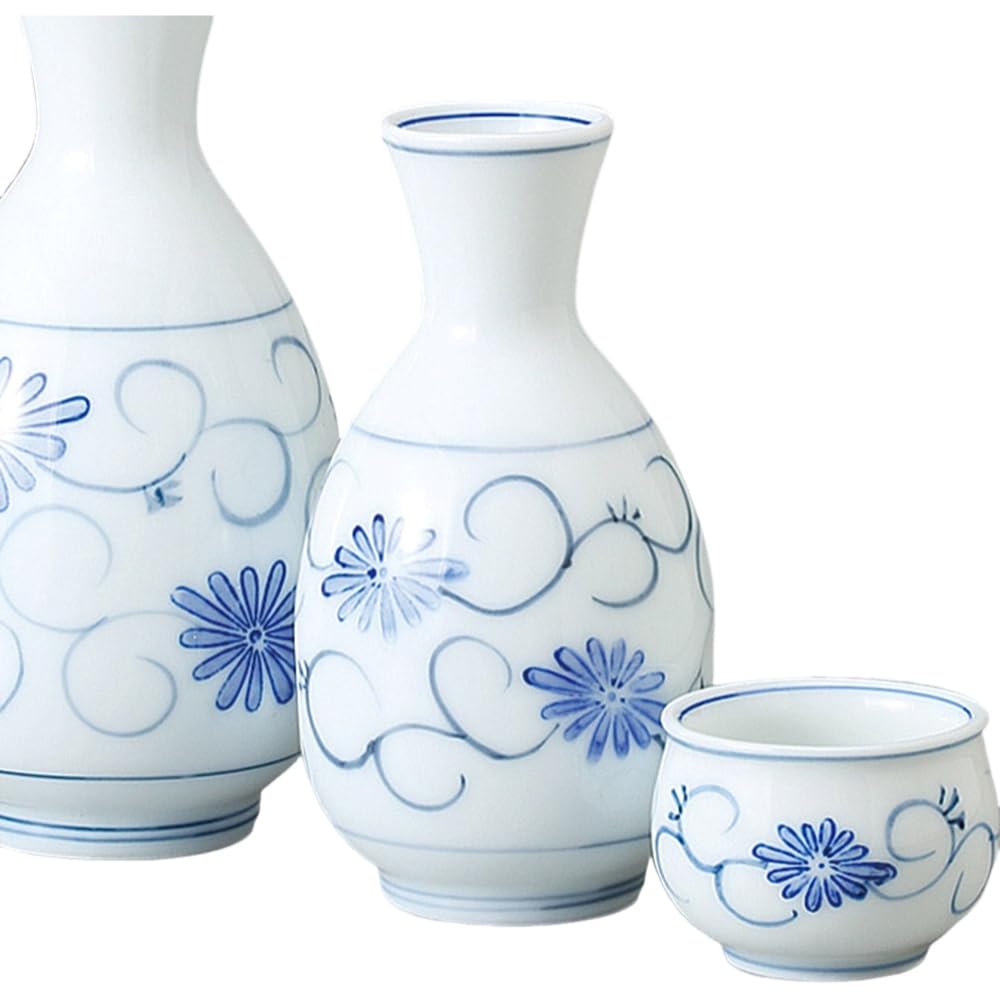 Sake Tokkuri and Ochoko x White Porcelain Diamond and Chrysanthemum Sake Bottle and Sake Cup Set Mino Ware Ale-net Set, Set, 6.4cm H12cm, Approx.
