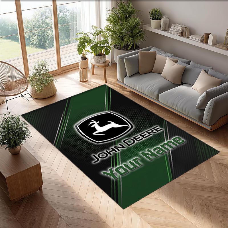 John Deere Crystal Velvet Rug, Custom Name Text Personalized Non‑Slip Floor Mat for Home Decor Gift