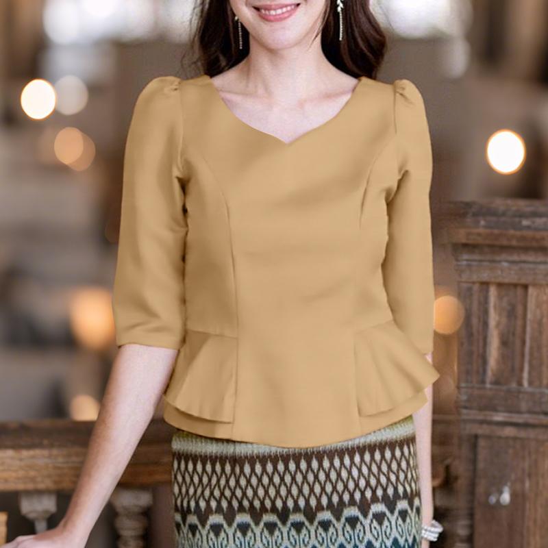 

ZANZEA Женская повседневная блузка с V-образным вырезом, летняя, с полурукавами и оборками 5XL хаки