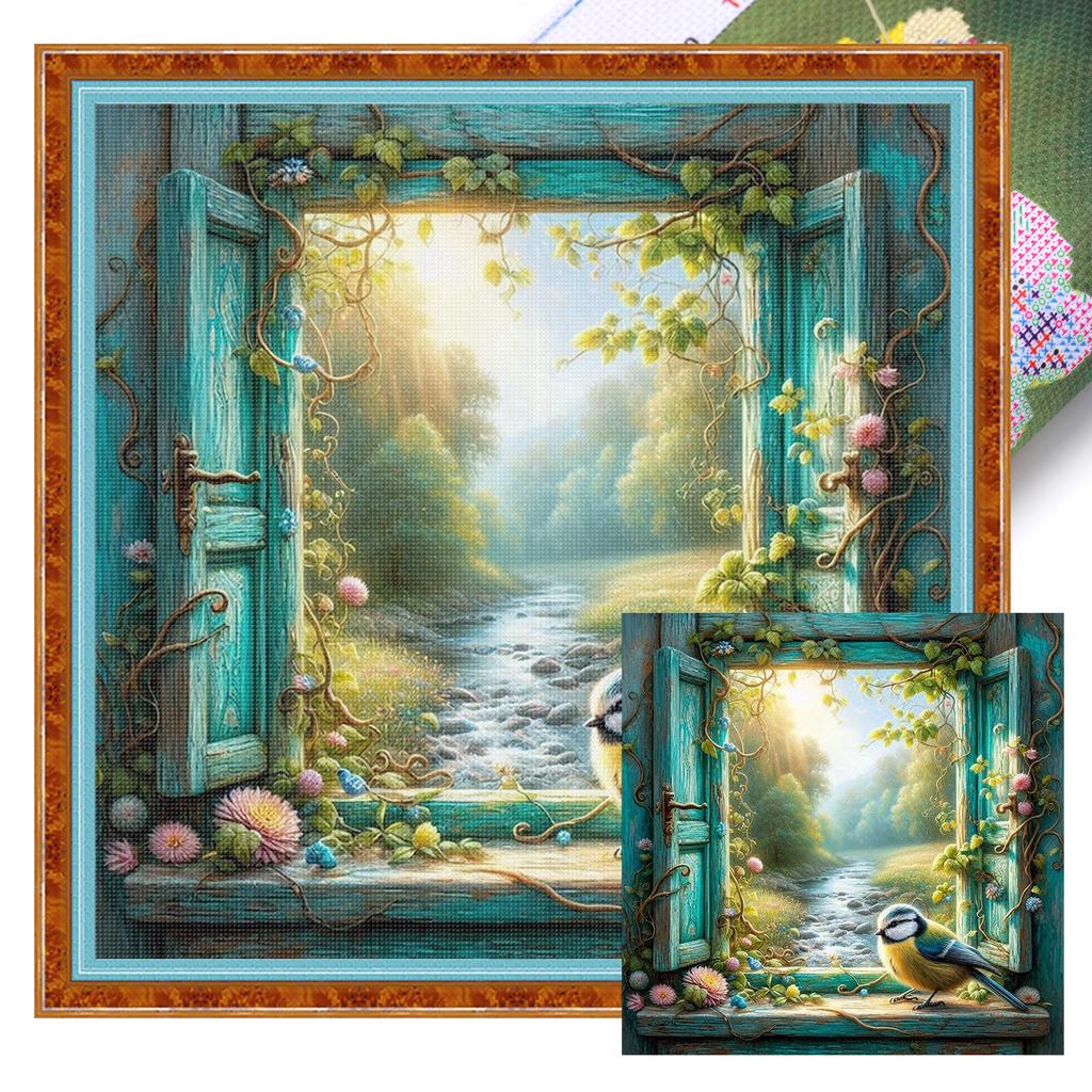 Window View Full 11CT DIY Stamped Needlework Embroidery Kit 40x40cm Printed Cross-Stitch Kits for Beginners Adults Home Decor