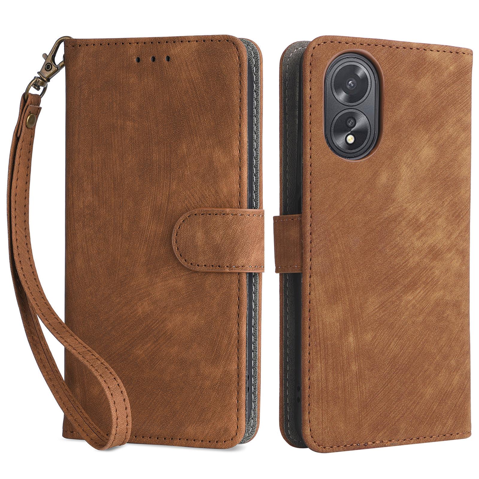 

For Oppo A18 4G/A38 4G Leather Case RFID Blocking Wallet Phone Cover with Strap Brown