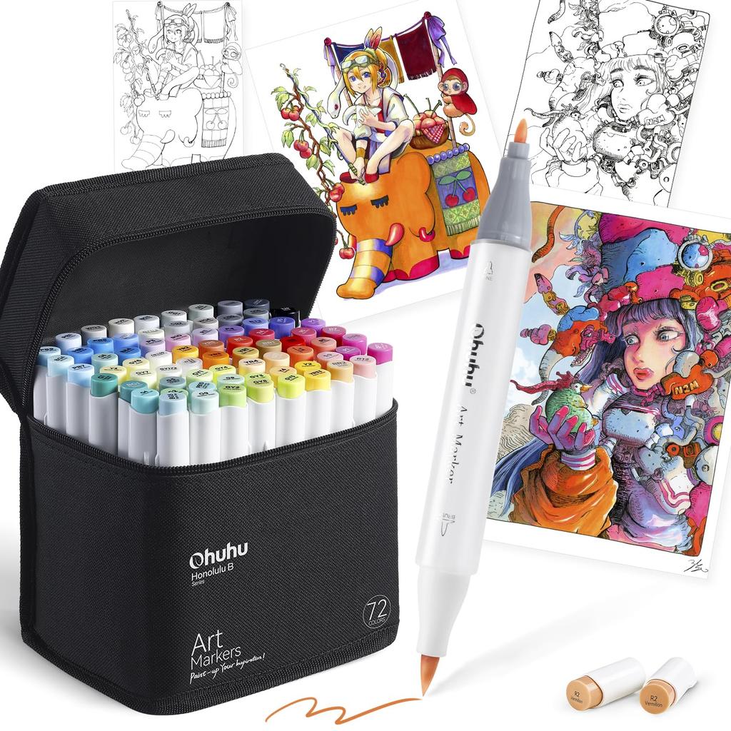 Ohuhu Honolulu B Series Brush and Fine Tip Markers, 72 Colors, with Blender