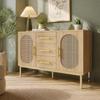 Rattan Sideboard mit 3 Schubladen und 2 Rattantüren, Kommode, Schlafzimmer, Wohnzimmer, Verstellbare Einlegeböden, Kippsicherung, 120 x 40 x 74 cm, Sonoma Eiche