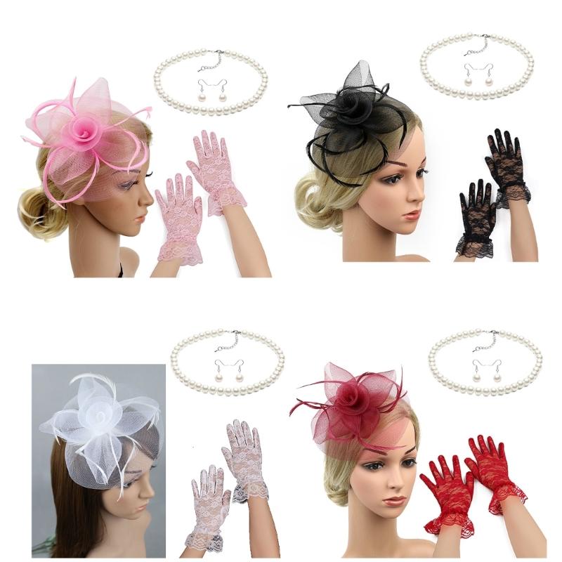 Elegant Women Fascinators Hats Flower Fascinator with Necklace Earring and Lace Short Gloves Party Headwear for Women