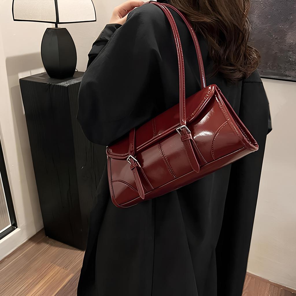 High End Burgundy Oil Wax Leather Underarm Bag Elegant Women's Magnetic Buckle Shoulder Bag Commuter Versatile Ladies Tote Bag CLE