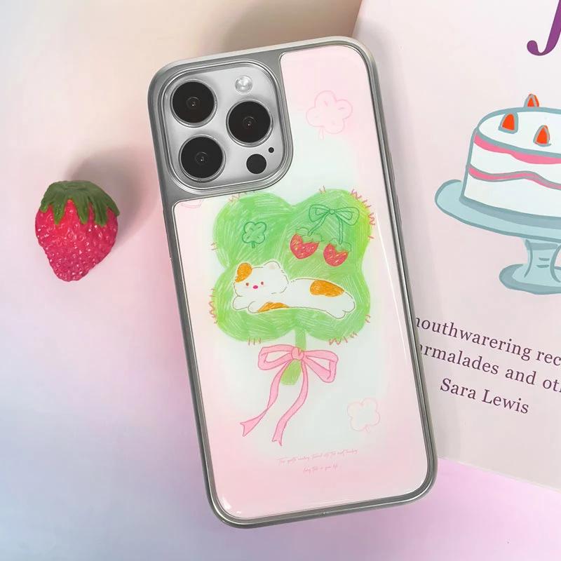 Cute four-leaf clover cat is suitable for Apple iPhone17/16pro mobile phone case 14 electroplating water condensation 13 fresh 15