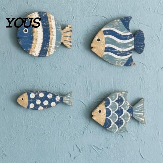 Unique Seaside Cabin Gift 4Pcs/Set Wooden Fish Wall Decor, Coastal Style Art, Distressed Handmade Sculpture Rustic Blue Ornaments for Beach House Home