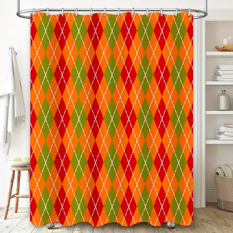 GAEPattern Shower Curtain Waterproof Fabric Decorative Bathroom Accessories Set for Home Decoration Green Orange Argyle Plaid