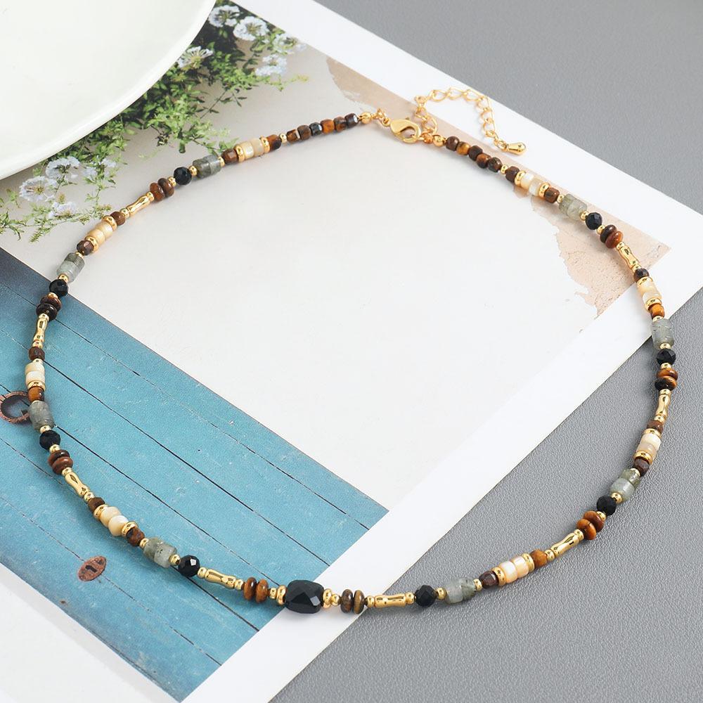 European and American color retro ethnic style natural stone shell handmade beaded necklace niche design versatile collarbone chain