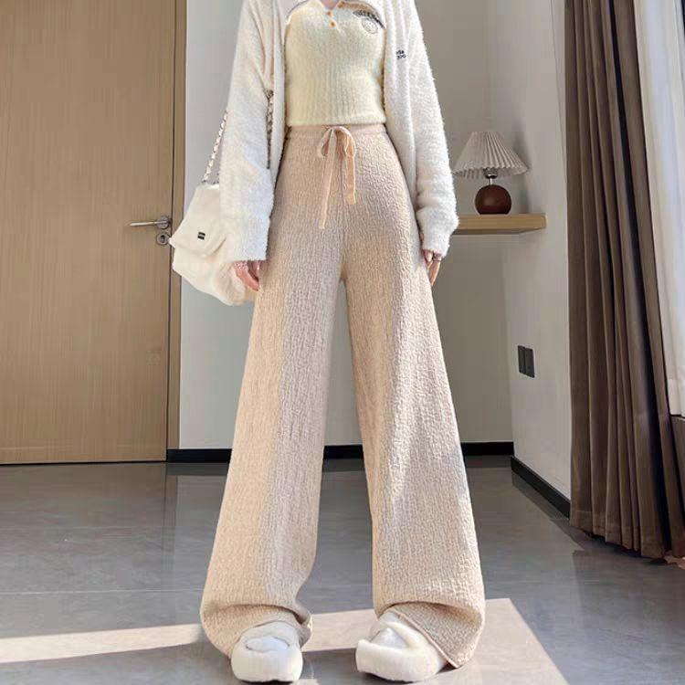 New Autumn Winter Plus Size Womens Wide Leg Pants High Waist Loose Straight Casual Trousers Slimming Mid Age