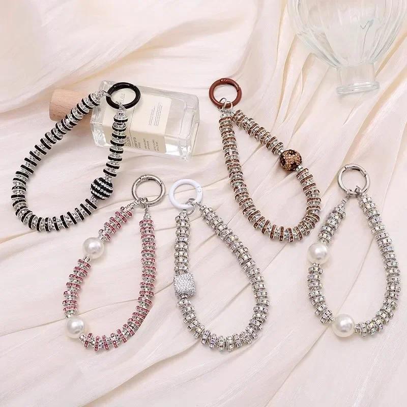 Diamond Pendant Phone Lanyard Universal Lanyard Anti-lost Luxury Diamond-encrusted Wrist Chain Short Pearl Diamond Ring Strap