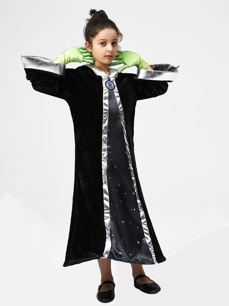 Erwachsene Kind Alien Zauberer Cosplay Kostüm Sternenhimmel Kapuzenumhang Grüne Handschuhe Netzmaske Perfekt für Halloween-Partys Weltraumabenteuer