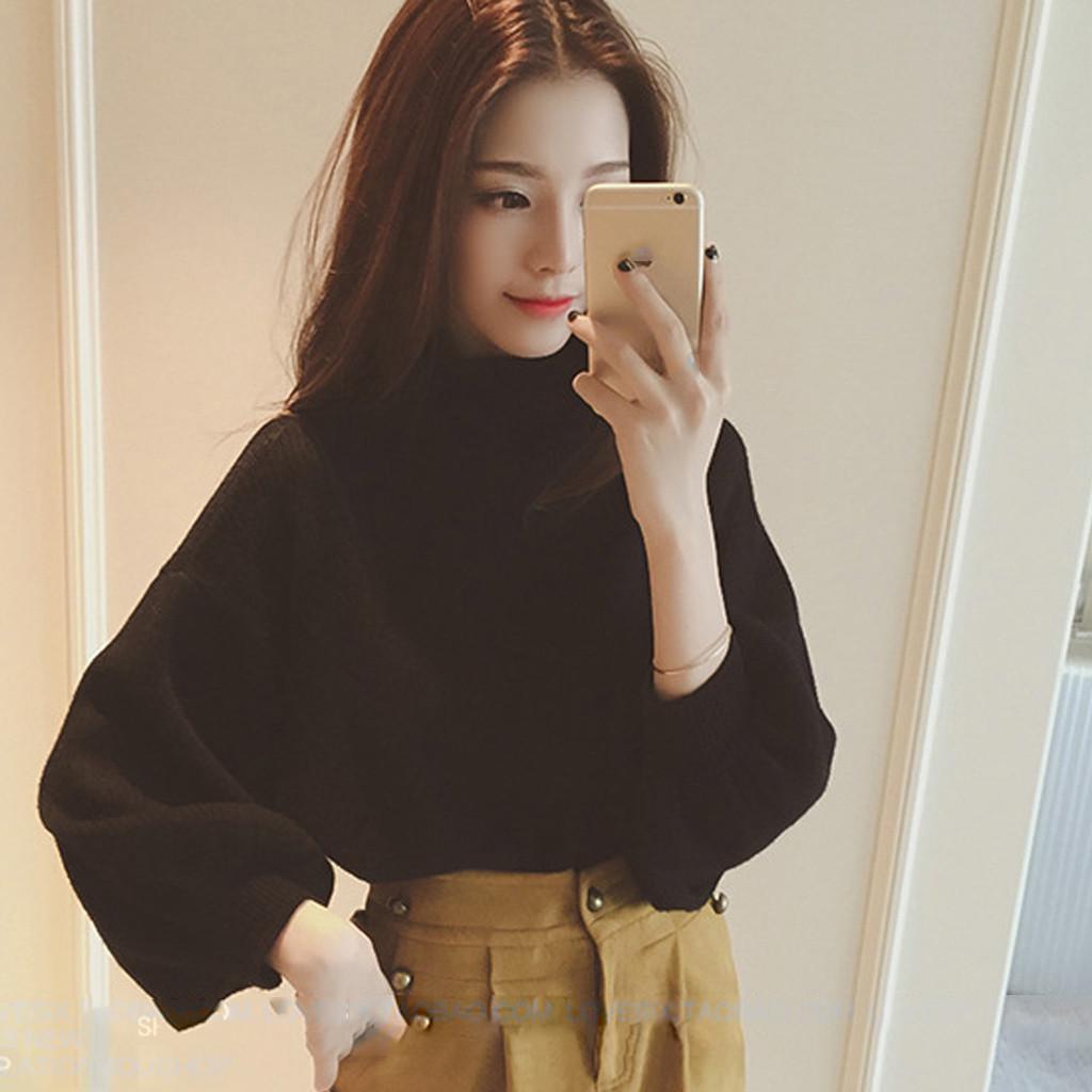 

Winter Sweater Women Long Lanter Sleeve Turtleneck Knitting Tops One Size чёрный