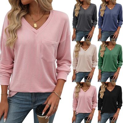 Fashionable New Style Commuting Solid Color Knitwear Women's V-Neck Long Sleeved Top Pocket Loose Pullover Knitwear