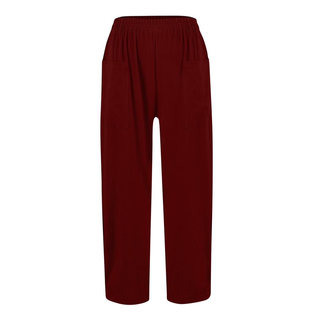 Women's Solid-color Cotton And Linen Casual High-waisted Straight Leg Pants With Loose Elastic Belt Pockets