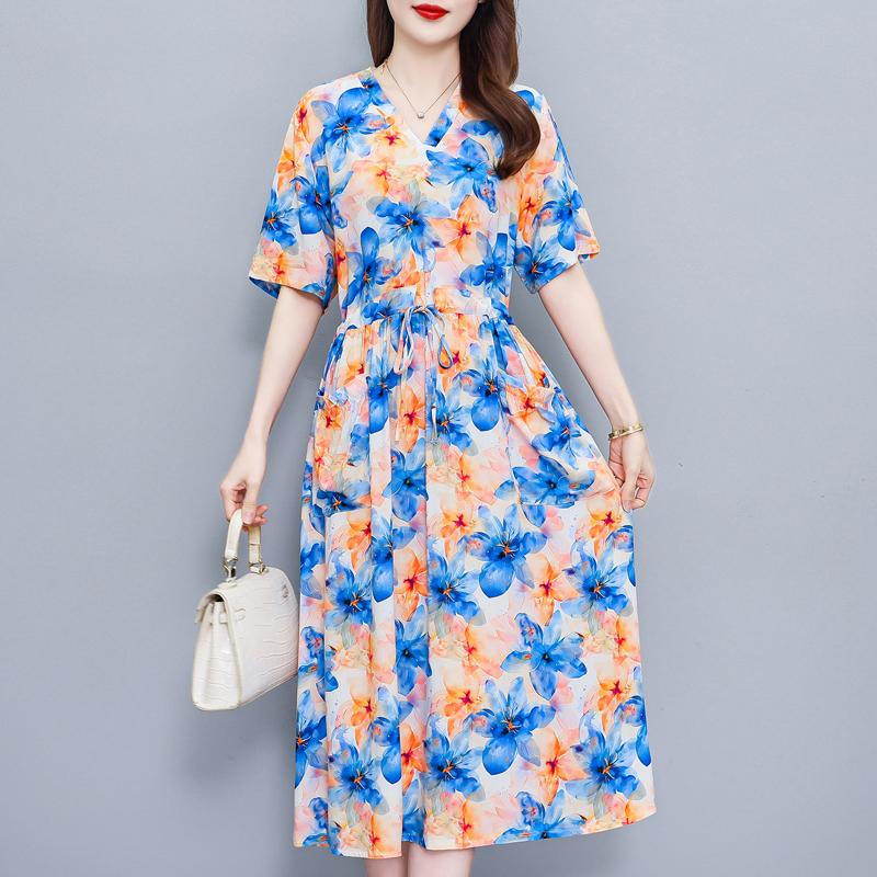 Elegantes Sommerkleid für Damen Vintage Kleidung Übergröße Lässig Kurzarm Langes Kleid