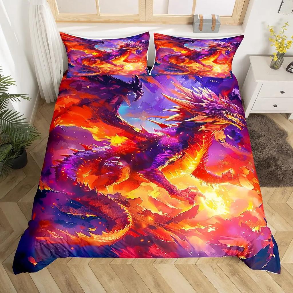 Bettbezug mit Feuerdrachen-Motiv für Kinder und Jugendliche, Queen- und Kingsize, leichte Steppdecken, Bettwäsche-Set mit Fabelwesen-Muster, Zimmerdekoration