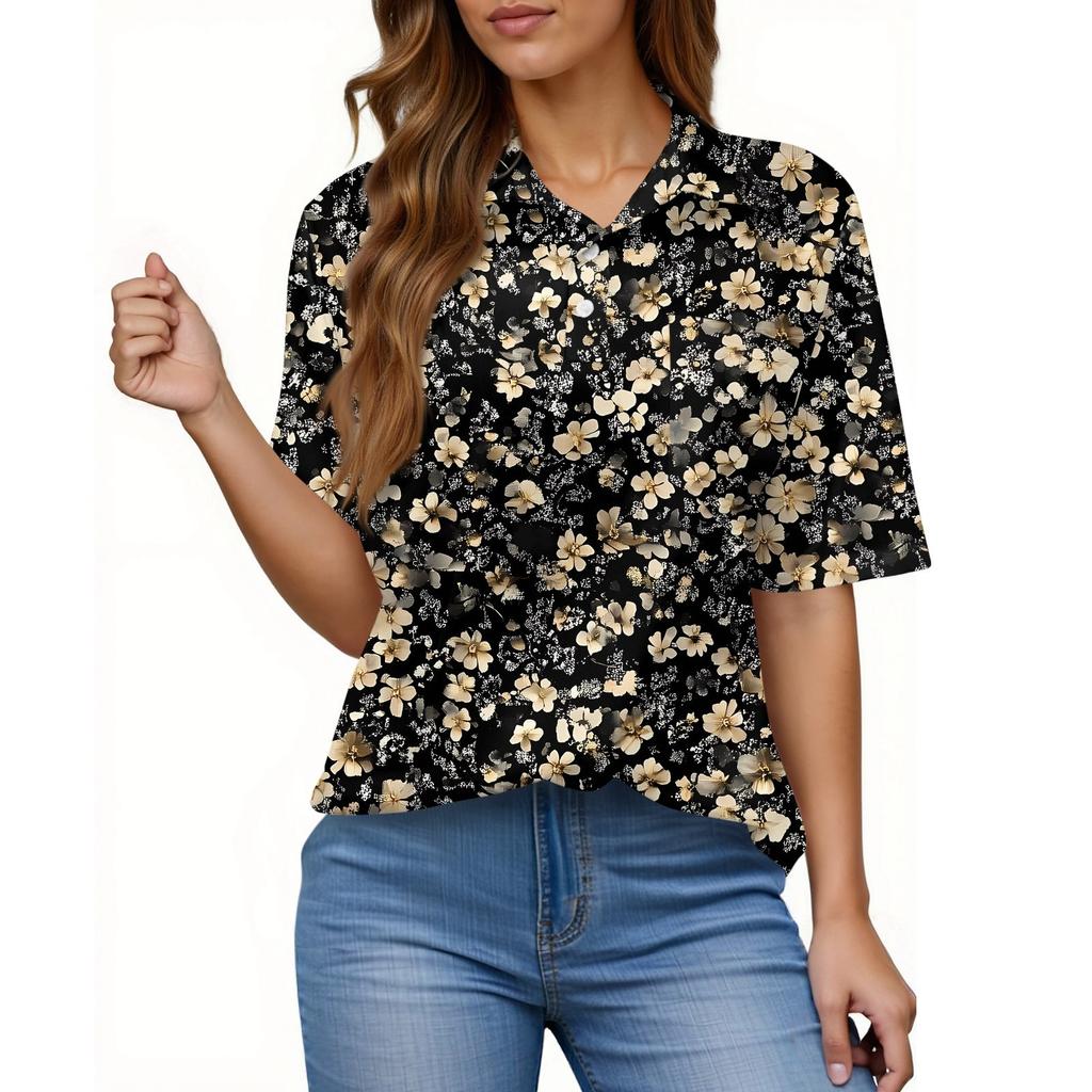 Women's Fashion Casual Button Pocket Shirt Short Sleeve Print Lapel Top