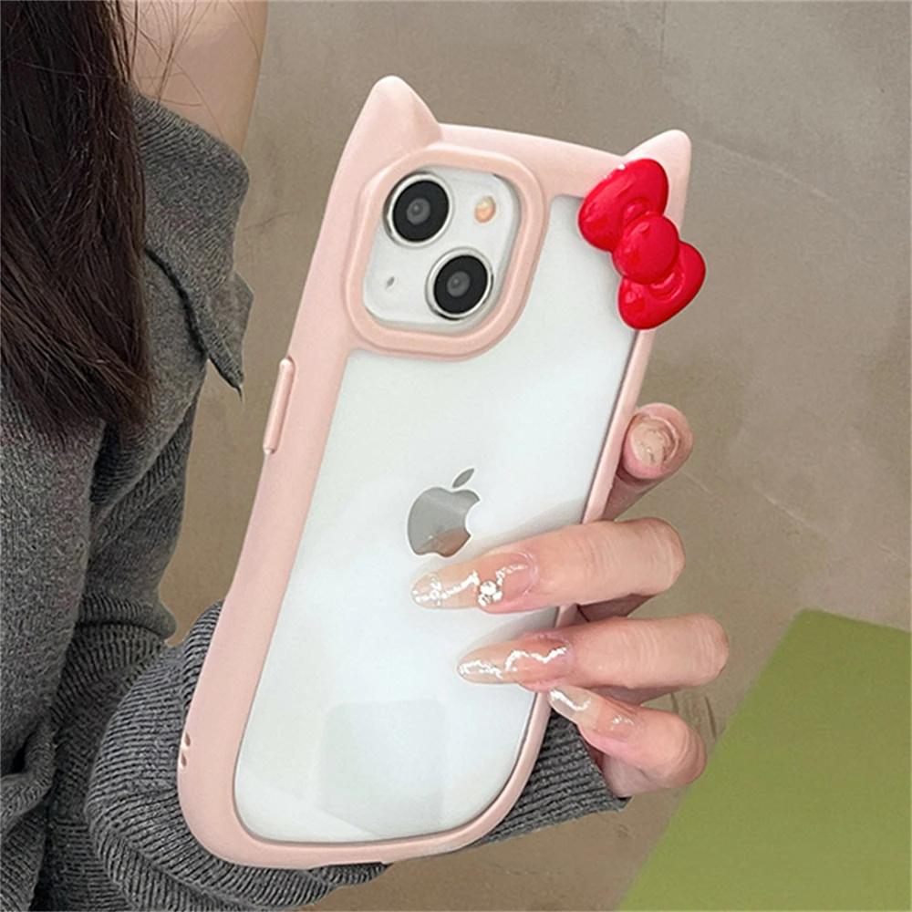 Kawaii 3D Schleife Katzenohren Klare Hülle Für iPhone 16 Pro 15 14 13 11 12 Pro Max 15 Plus X XR XS Koreanisches Süßes Mädchen Silikonhülle